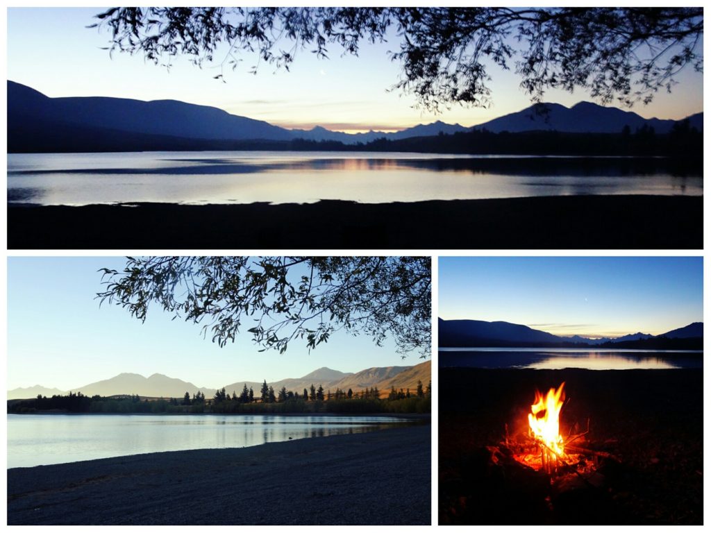 lake camp new zealand dusk fire