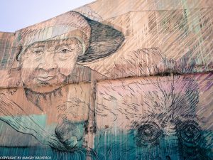 woman with monkey street art mural Penang